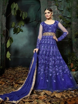 Blue Net Floral Embroidered, Stone Work Anarkali Suits