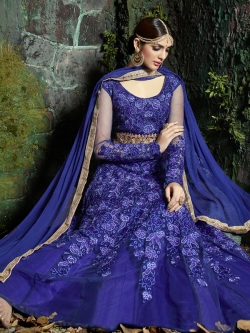 Blue Net Floral Embroidered, Stone Work Anarkali Suits