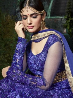 Blue Net Floral Embroidered, Stone Work Anarkali Suits