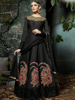 Black Pure Silk Floral Embroidered, Stone Work, Sequins Work Anarkali Suits
