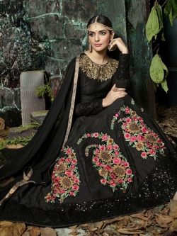 Black Pure Silk Floral Embroidered, Stone Work, Sequins Work Anarkali Suits