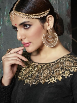 Black Pure Silk Floral Embroidered, Stone Work, Sequins Work Anarkali Suits