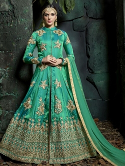 Green Sultani Silk Zari Embroidered Anarkali Suits