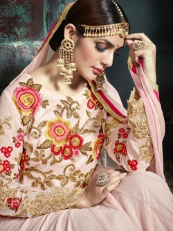 Pink Pure Georgette Floral Embroidered, Stone Work Anarkali Suits
