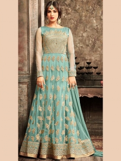 Blue Net Embroidered, Stone Work, Lace Border Anarkali Suits