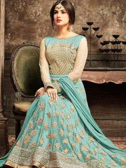 Blue Net Embroidered, Stone Work, Lace Border Anarkali Suits