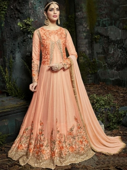Peach Pure Georgette Floral Embroidered, Stone Work Anarkali Suits
