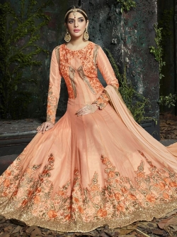 Peach Pure Georgette Floral Embroidered, Stone Work Anarkali Suits