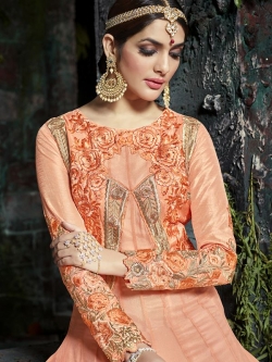 Peach Pure Georgette Floral Embroidered, Stone Work Anarkali Suits