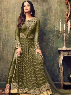 Green Net Embroidered, Zari Border Straight Pant Suits