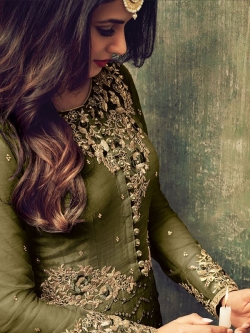 Green Net Embroidered, Zari Border Straight Pant Suits