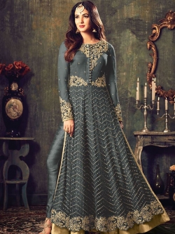 Grey Net Embroidered, Zari Border Straight Pant Suits