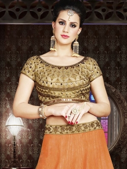 Beige Banglori Silk Embroidered, Lace Border, Mirror Work A Line Lehengas