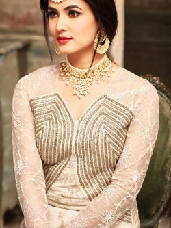 Cream Georgette Resham Embrodiered, Lace Border Anarkali Suits
