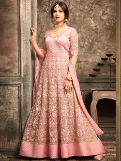 Pink Net Resham Embroidered, Thread Work Border Anarkali Suits