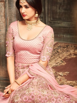 Pink Net Resham Embroidered, Thread Work Border Anarkali Suits