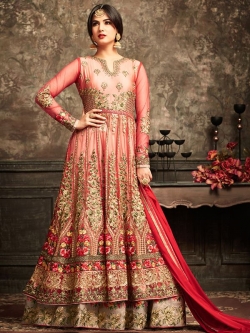 Red Net Floral Embroidered, Lace Border Anarkali Suits