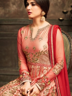 Red Net Floral Embroidered, Lace Border Anarkali Suits