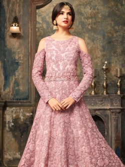 Pink Net Floral Embroidered Anarkali Suits