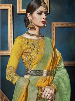 Yellow Banglori Silk Peacock Pattern Embroidered A Line Lehengas