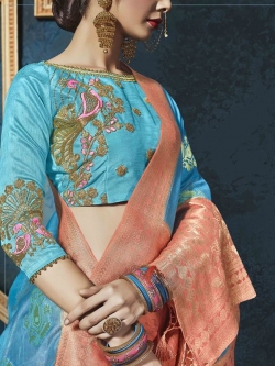 Blue Banglori Silk Peacock Pattern Embroidered A Line Lehengas
