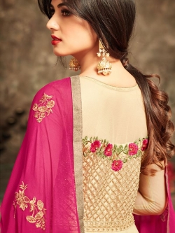 Beige Net Resham Embrodiered, Lace Border, Mirror Work Anarkali Suits