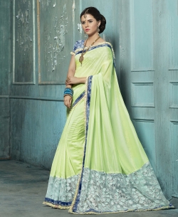 Light Green Chiffon Embroidery, Silk Work On Net Lace Border Work. Designer Sarees