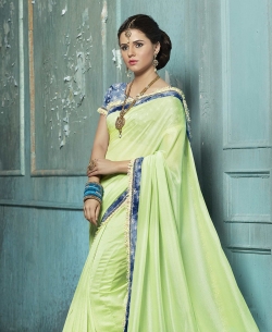 Light Green Chiffon Embroidery, Silk Work On Net Lace Border Work. Designer Sarees
