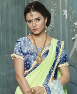 Light Green Chiffon Embroidery, Silk Work On Net Lace Border Work. Designer Sarees