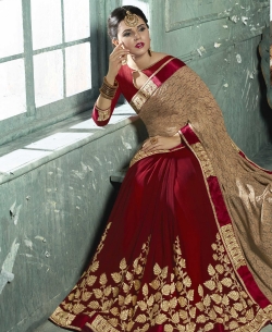 Double Color Georgette Zari Embroidery Work On Skirt & Zari,Satan Lace Border Work. Designer Sarees