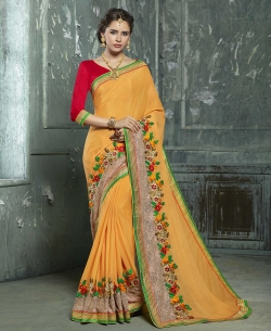 Yellow Chiffon Soft Embroidery,Thread,Sequins,Brasso Net,Art Silk Lace Border Work. Designer Sarees
