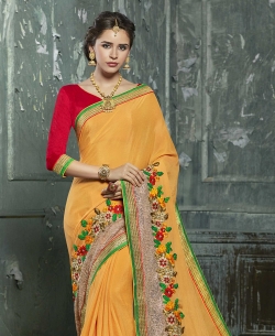Yellow Chiffon Soft Embroidery,Thread,Sequins,Brasso Net,Art Silk Lace Border Work. Designer Sarees