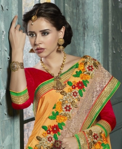 Yellow Chiffon Soft Embroidery,Thread,Sequins,Brasso Net,Art Silk Lace Border Work. Designer Sarees