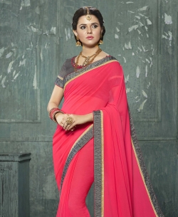 Deep Peach Chiffon Moti, Embroidery Work On Net, Art Silk,Brocade Lace Border Work. Designer Sarees