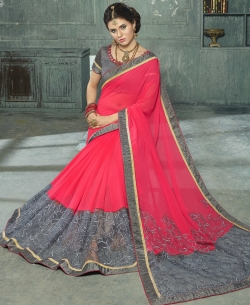 Deep Peach Chiffon Moti, Embroidery Work On Net, Art Silk,Brocade Lace Border Work. Designer Sarees