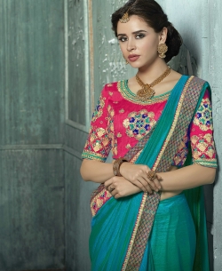 Double Shades Chiffon Mirror Patch, Thread Embroidery, Lace Border Work. Designer Sarees
