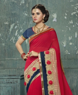 Red Chiffon Moti, Zari, Brocade,Art Silk Brasso Net Lace Border Work. Designer Sarees
