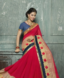 Red Chiffon Moti, Zari, Brocade,Art Silk Brasso Net Lace Border Work. Designer Sarees