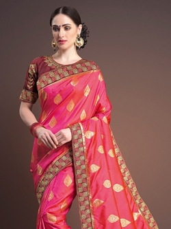 Deep Peach Banglori Silk Embroidery Lace Border Traditional Sarees