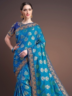 Sky Blue Banglori Silk Embroidery Lace Border Traditional Sarees