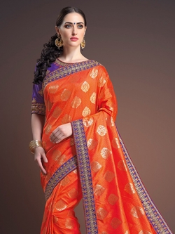 Orange Banglori Silk Embroidery Lace Border Traditional Sarees