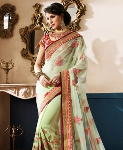 Green Net & Chiffon Zari, Thread Embroidered, Sequins, Stone Work, Lace Border Designer Sarees