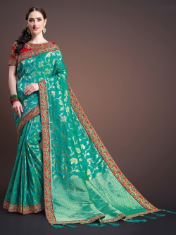 Sky Green Banglori Silk Embroidery Lace Border Traditional Sarees
