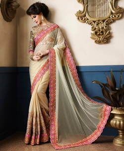 Beige Net & Shimmer Georgette Zari, Thread Embroidered, Sequins, Stone Work, Lace Border Designer Sarees