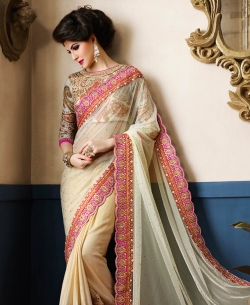Beige Net & Shimmer Georgette Zari, Thread Embroidered, Sequins, Stone Work, Lace Border Designer Sarees