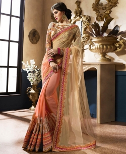 Beige And Peach Net & Georgette Zari, Thread Embroidered, Sequins, Stone Work, Lace Border Half And Half Sarees