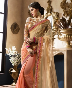 Beige And Peach Net & Georgette Zari, Thread Embroidered, Sequins, Stone Work, Lace Border Half And Half Sarees