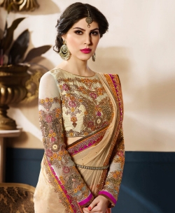 Beige And Peach Net & Georgette Zari, Thread Embroidered, Sequins, Stone Work, Lace Border Half And Half Sarees