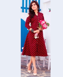 Red Cotton Ethnic Printed A Line Kurtis