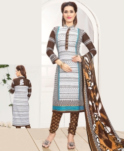 White & Brown Cotton Printed Chudidhar Suits